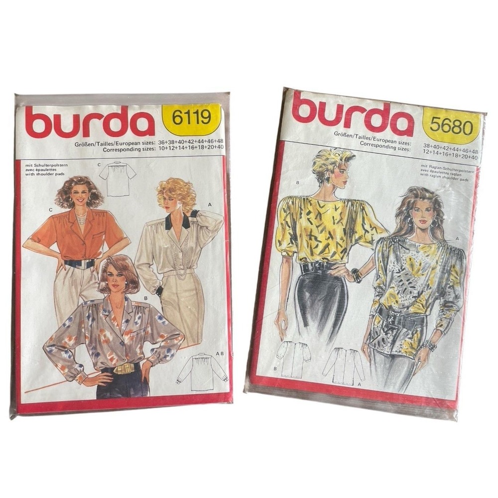 Lot of 2 Burda Sewing Patterns Shoulder Pads Blouse Pullover Sz 12-20 & 40 Uncut
